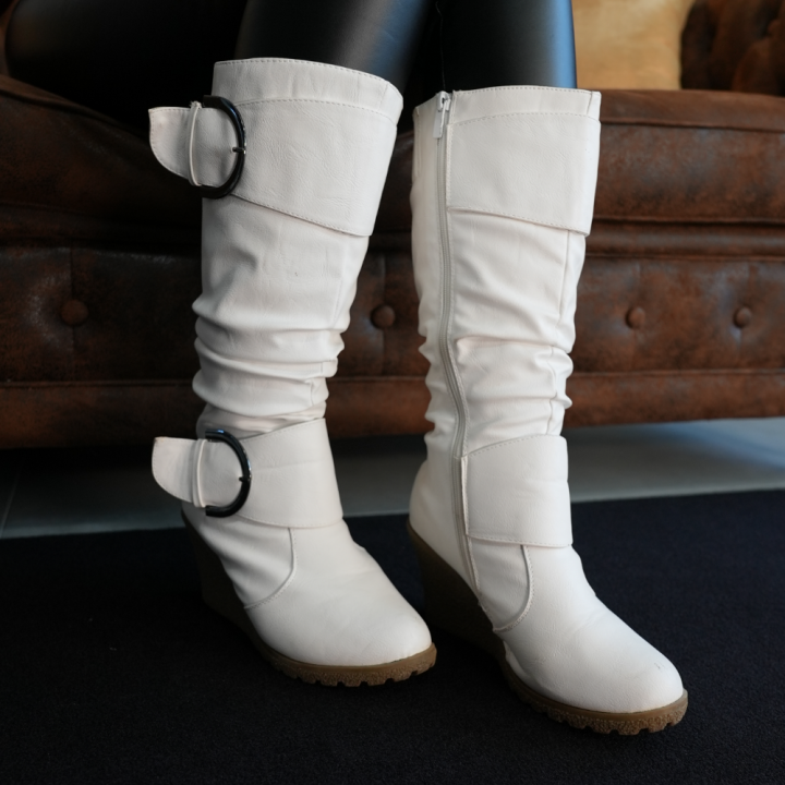 White Tall Winter Boots with Wedge Heel